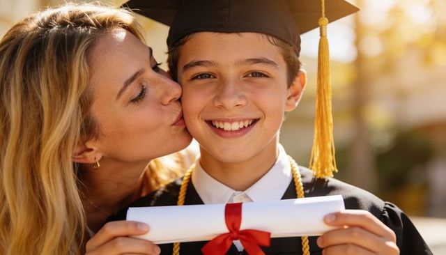 Mother kissing smiling teen graduate holding diploma wearing mortarboard and gold cords