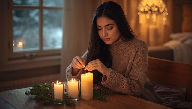 Young Woman Lighting Candles on Cozy Winter Night with Evergreen Holiday Table Arrangement