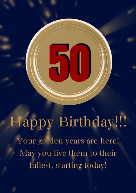 Happy 50th Birthday Celebration Graphic with Gold Circle on Blue Background - Download Free Stock Templates Pikwizard.com