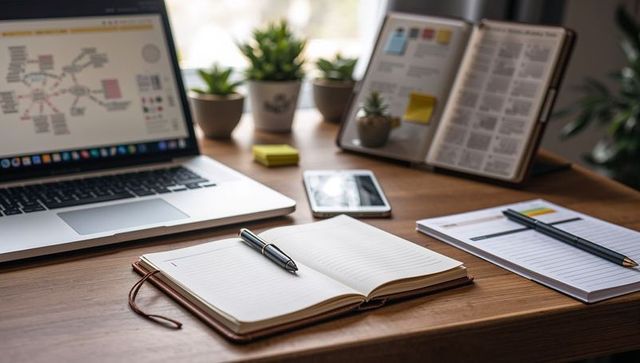 Home workspace featuring open leather notebook, laptop, smartphone, planner and succulents