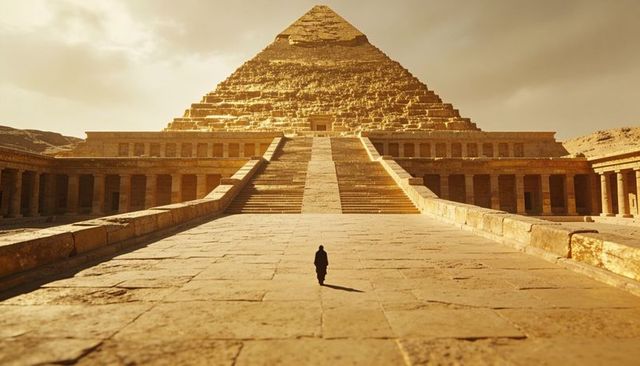 Solitary traveler walking toward massive ancient egyptian pyramid along stone causeway