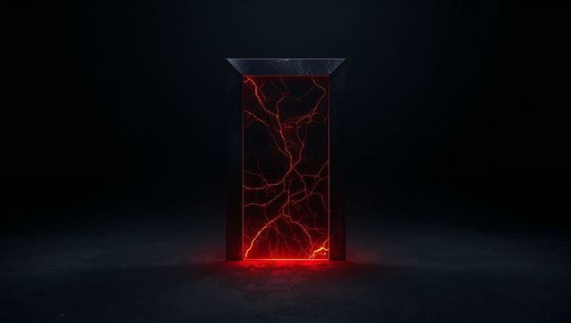 Mysterious glowing portal with red fissures in dark room