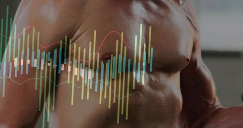 Sweating muscular torso with biometric fitness data overlay for gym performance ads