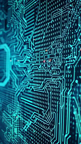Shifting camera revealing glowing PCB traces and flowing data signals in teal lab vertical video