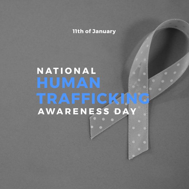 Image of national human trafficking awareness day on grey background with ribbon. Human rights, trafficking and awareness concept.