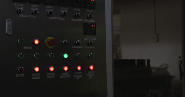 Industrial control panel with various illuminated buttons is seen in a factory environment, indicating active control systems. Suitable for illustrating high-tech manufacturing processes, industrial automation, and advanced machinery monitoring. Ideal for use in articles about industrial technology, factory operations, and engineering systems.