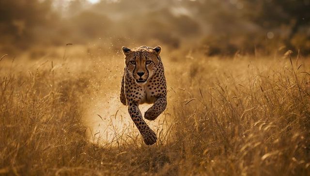 Cheetah sprinting across golden savanna at sunset