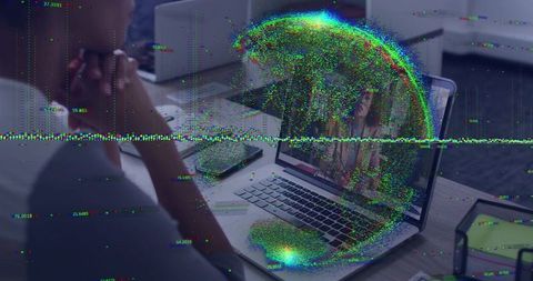 Man watching laptop with holographic data globe overlay for remote collaboration and insight