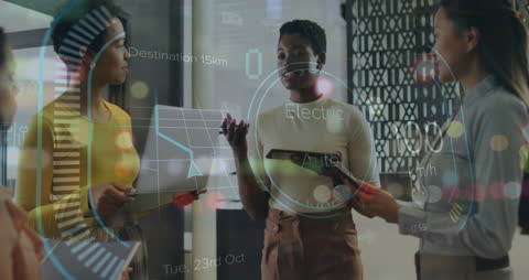 Diverse Team Discussing Statistics with Digital Overlay