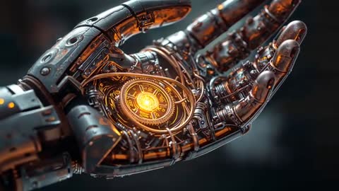 Cinematic close-up robotic hand revealing glowing orange core and intricate circuitry