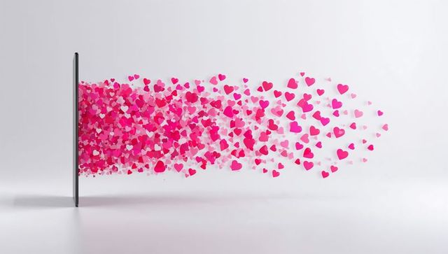 Slim tablet streaming cloud of pink hearts across clean white background