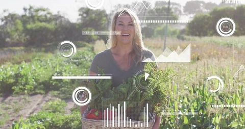 Smiling Farmer Holding Basket with Digital Farming Data