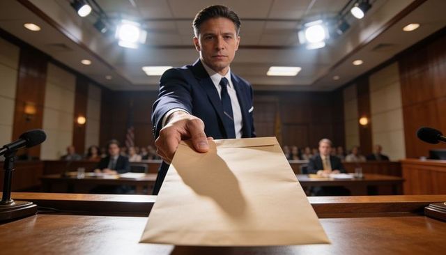 Lawyer handing sealed evidence envelope across courtroom bench during tense trial
