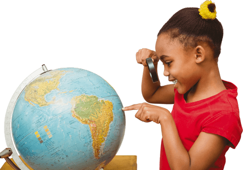 Young girl with globe exploring world transparent background