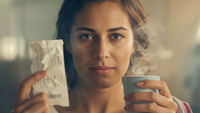 Woman enjoying coffee with crumpled ticket in hand