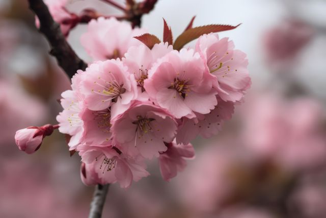 Close up of pink cherry blossoms, created using generative ai technology. Cherry blossom, beauty in nature and spring concept digitally generated image.