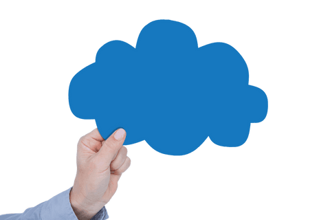 Hand holding blue speech bubble cutout on transparent background
