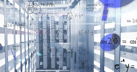Mathematical equations superimposed on modern data center