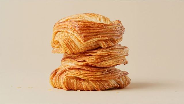 Golden Flaky Lamination Stack of Three Crispy Puff Pastry Layers on Neutral Background