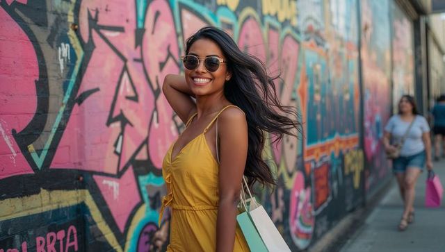 Smiling woman in mustard dress posing with shopping bags against colorful graffiti mural