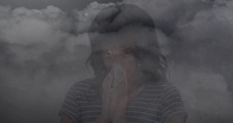 Woman Sneezing with Storm in Background, Expressing Cold and Flu Season