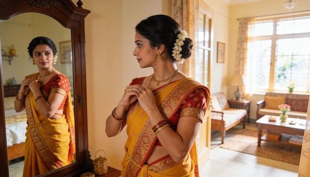 Indian woman preparing for ceremony adjusting gold necklace in yellow saree with jasmine