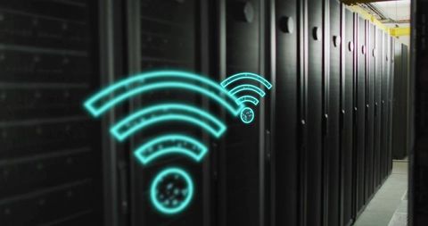 Turquoise WiFi Signal Overlay Highlighting Black Server Racks in Modern Data Center Aisle