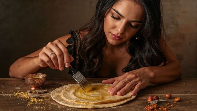 Brushing oil onto rustic flatbread by woman in black lace top, cozy culinary moment