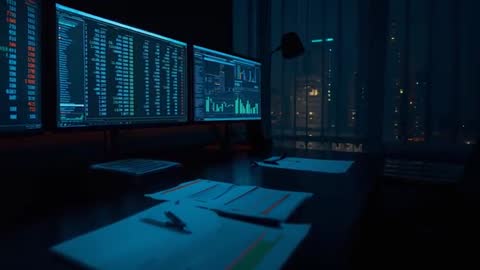 Monitors Displaying Financial Data and Graphs in Office at Night