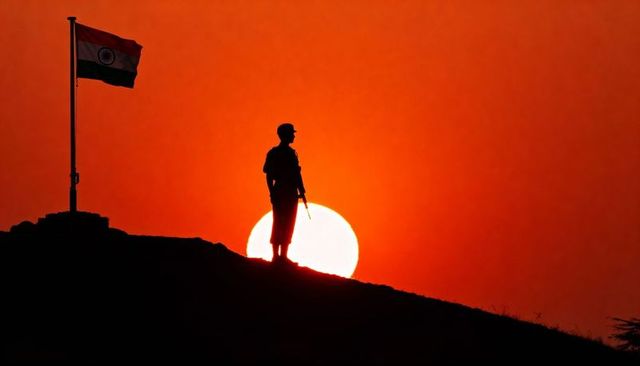 Silhouetted indian soldier standing guard at sunset with tricolor flag on hilltop ridge