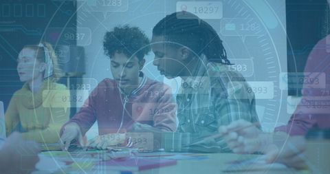 Diverse Business Team Engaged in Strategic Meeting with Data Overlay