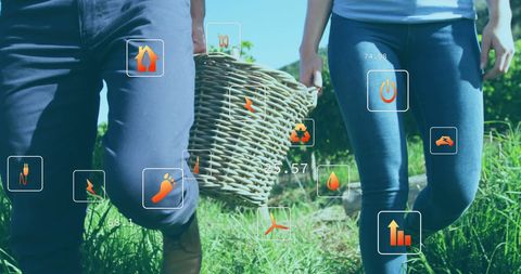 Sustainable Living: Couple Walking with Basket and Eco Icons