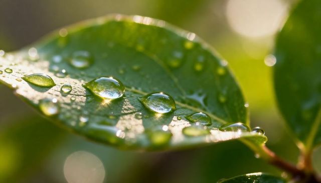 Glistening green leaf holding dew droplets with central water reflection and golden bokeh