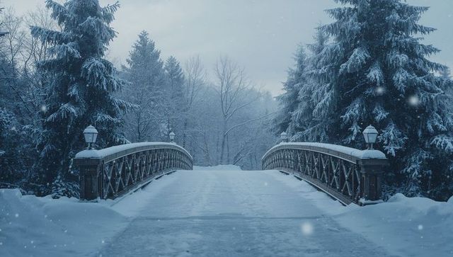 Snow-covered arched footbridge leading through evergreen forest in peaceful winter snowfall