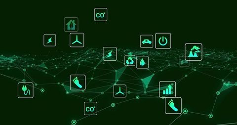 Neon Green Energy Network Visualization Featuring CO2 Metrics and Sustainability Icons
