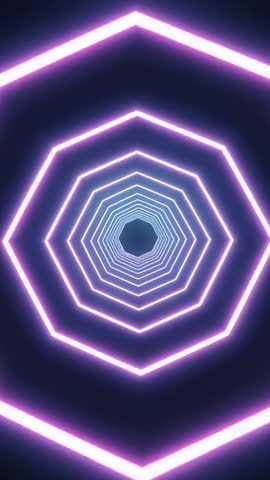 Vertical neon polygon tunnel pulsing, shifting from violet to cyan, futuristic motion loop