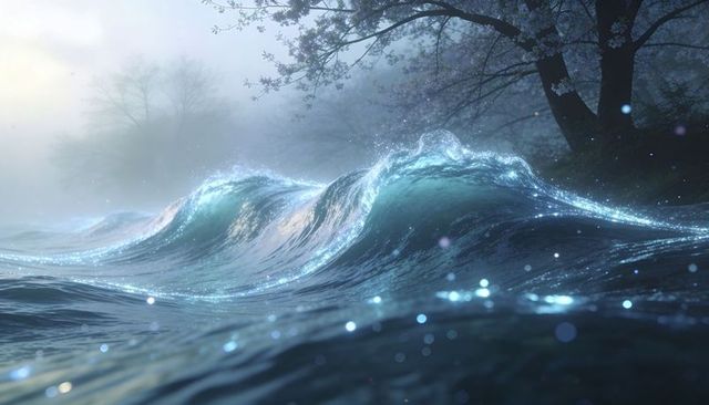 Cresting wave glowing with bioluminescent shimmer at misty shoreline during twilight