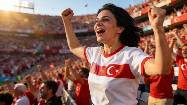 Triumphant turkish fan cheering in stadium wearing crescent-star jersey, sunset crowd