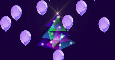 Festive Geometric Christmas Tree with Purple Balloons on Black