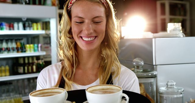 Waitress Smiling While Serving Fresh Coffee in Café - Download Free Stock Images Pikwizard.com