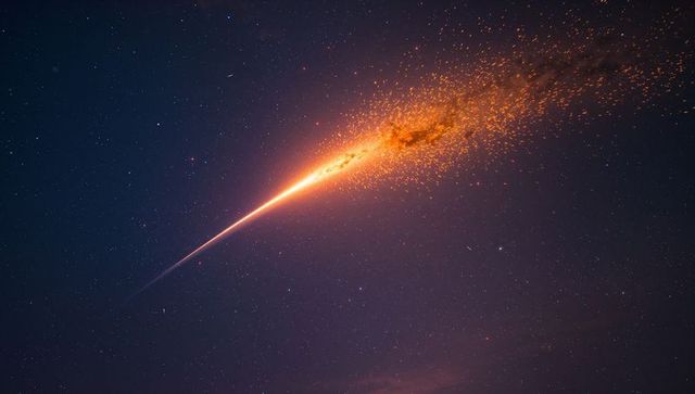 Blazing bolide fireball cutting through night sky with fiery orange spark trail