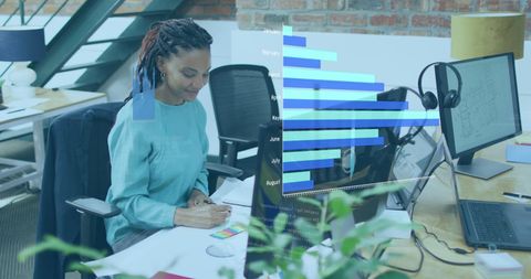 Digital Analytics Overlaid on Businesswoman at Office Desk
