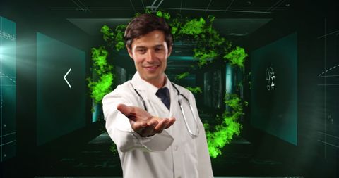 Doctor reaching through digital interface with mathematics and flames
