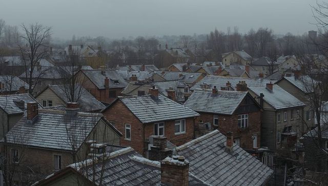 Snow-dusted rooftops crowning foggy winter neighborhood of brick rowhouses and chimneys