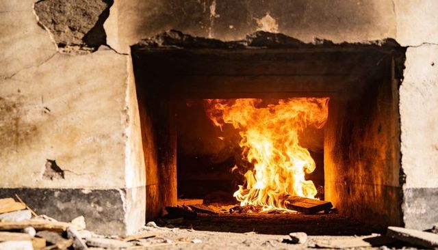 Rustic masonry hearth burning logs with cracked plaster and glowing embers