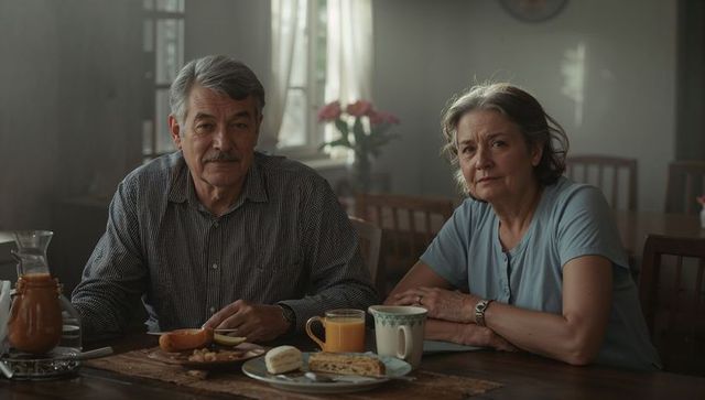Senior couple enjoying cozy morning breakfast in sunlit dining room with wooden table