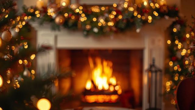 Glowing fireplace burning logs with christmas garland, bokeh lights and cozy warmth