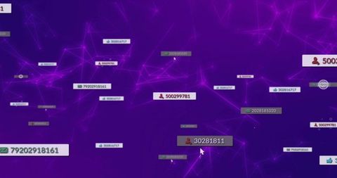 Network node hover selection highlighting user id on neon purple data network visualization