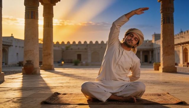 Sunrise courtyard stretching man wearing white tunic and wrapped headscarf on woven mat