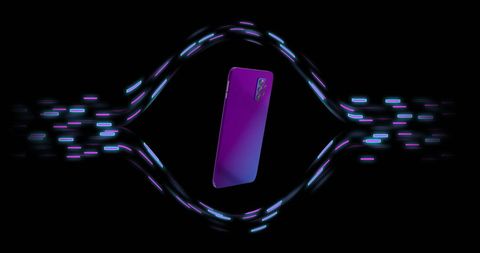 Purple Smartphone Floating Amidst Digital Light Trails